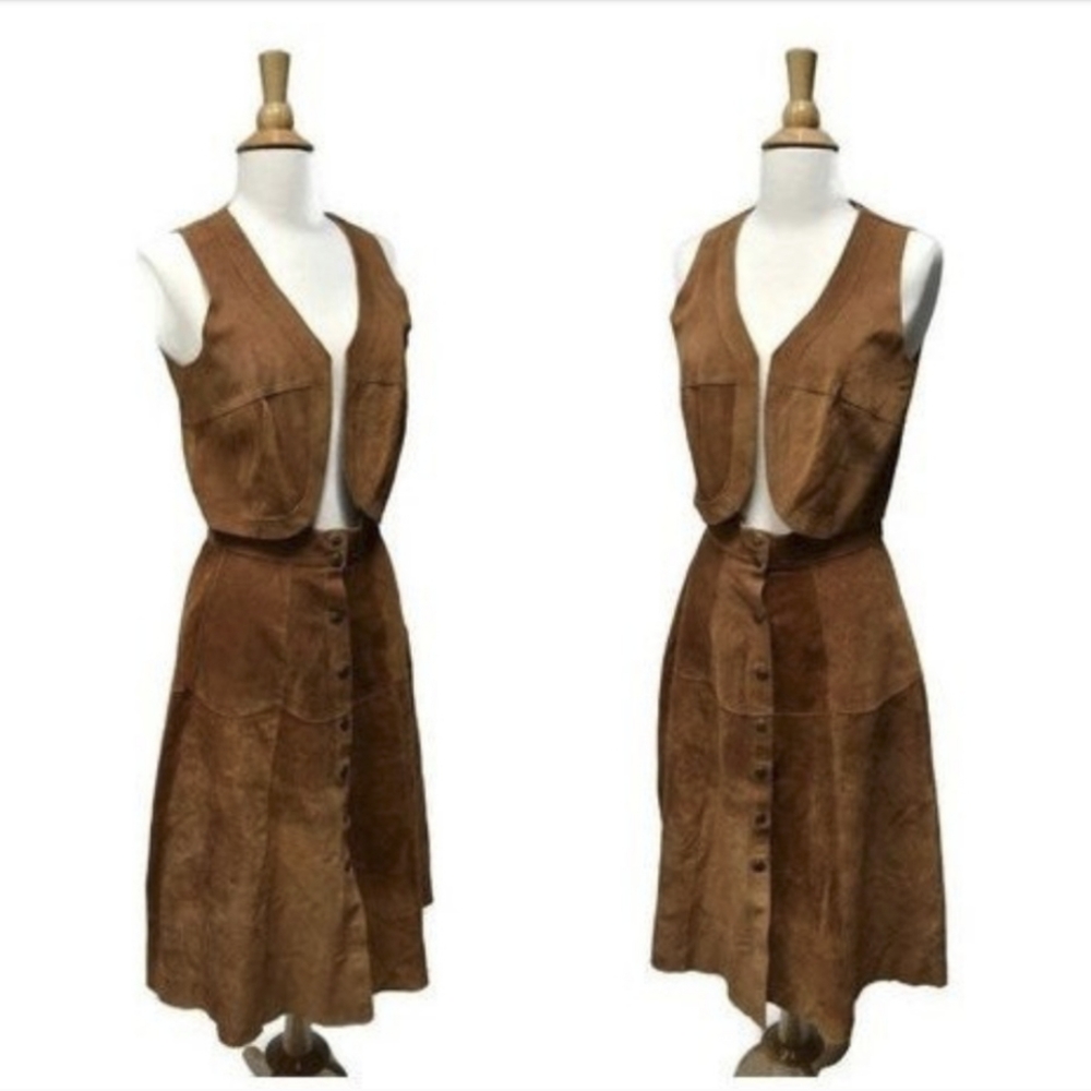 Argentine Leather Skirt and Vest Set Golden Brown